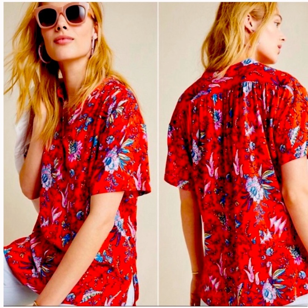 Maeve by Anthropologie Medium Red Floral  Windham Partial Button Popover Blouse